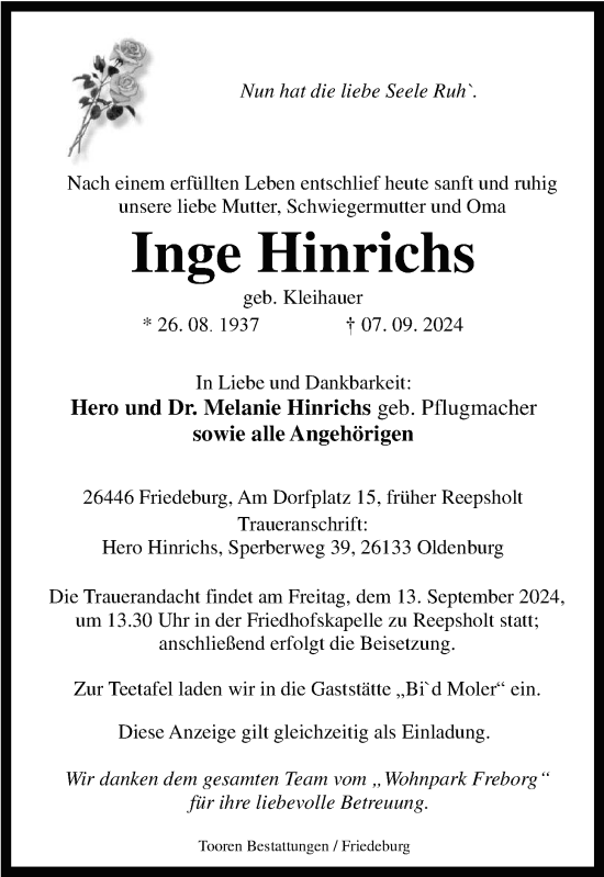 Traueranzeige von Inge Hinrichs von WZ/JW/AH