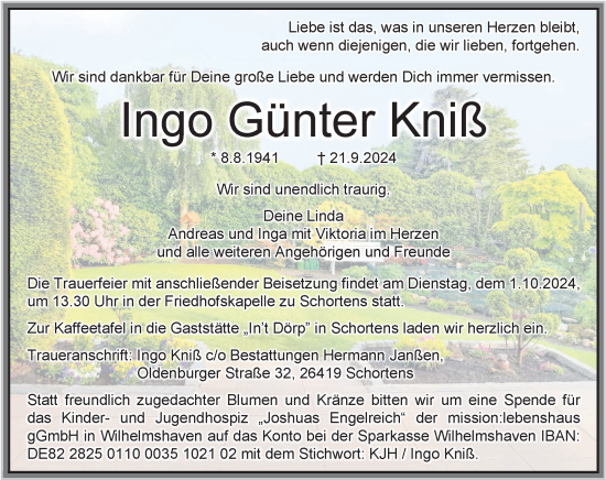 Traueranzeige von Ingo Günter Kniß von WZ/JW/AH
