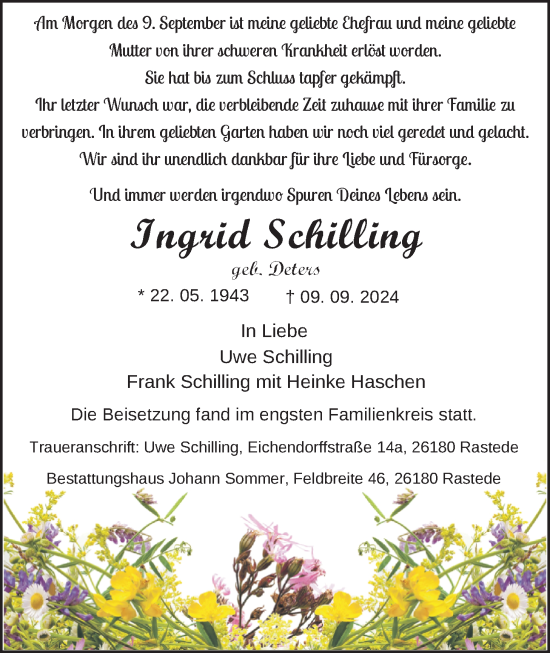 Traueranzeige von Ingrid Schilling von Nordwest-Zeitung