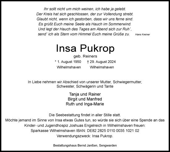 Traueranzeige von Insa Pukrop von WZ/JW/AH