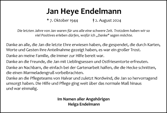 Traueranzeige von Jan Heye Endelmann von Emder Zeitung