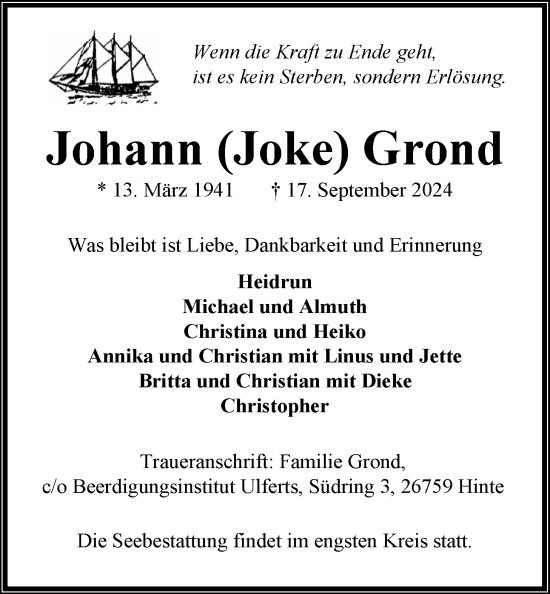 Traueranzeige von Johann Grond von Emder Zeitung