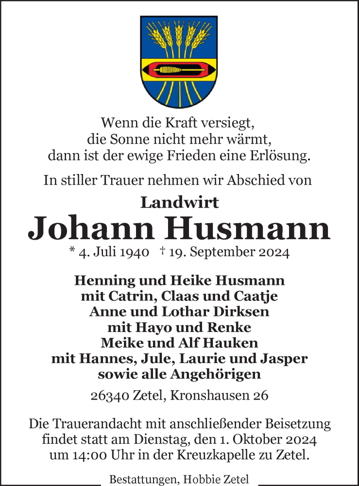  Traueranzeige für Johann Husmann vom 23.09.2024 aus Nordwest-Zeitung