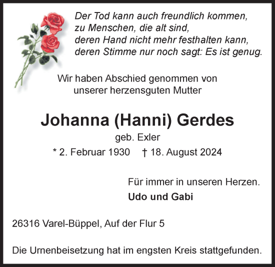 Traueranzeige von Johanna Gerdes von Nordwest-Zeitung