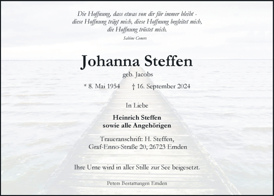 Traueranzeige von Johanna Steffen von Emder Zeitung