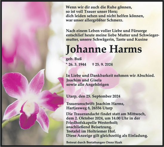 Traueranzeige von Johanne Harms von WZ/JW/AH