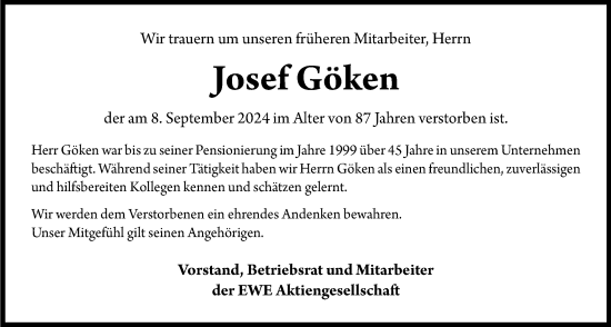 Traueranzeige von Josef Göken von Nordwest-Zeitung