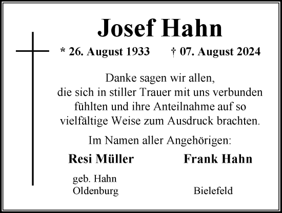 Traueranzeige von Josef Hahn von Nordwest-Zeitung