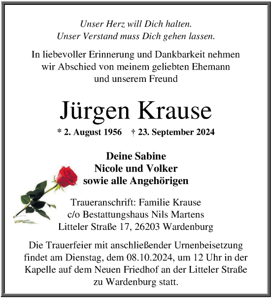 Traueranzeige von Jürgen Krause von Nordwest-Zeitung