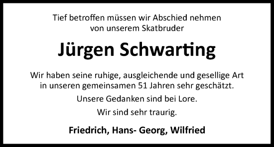 Traueranzeige von Jürgen Schwarting von Nordwest-Zeitung