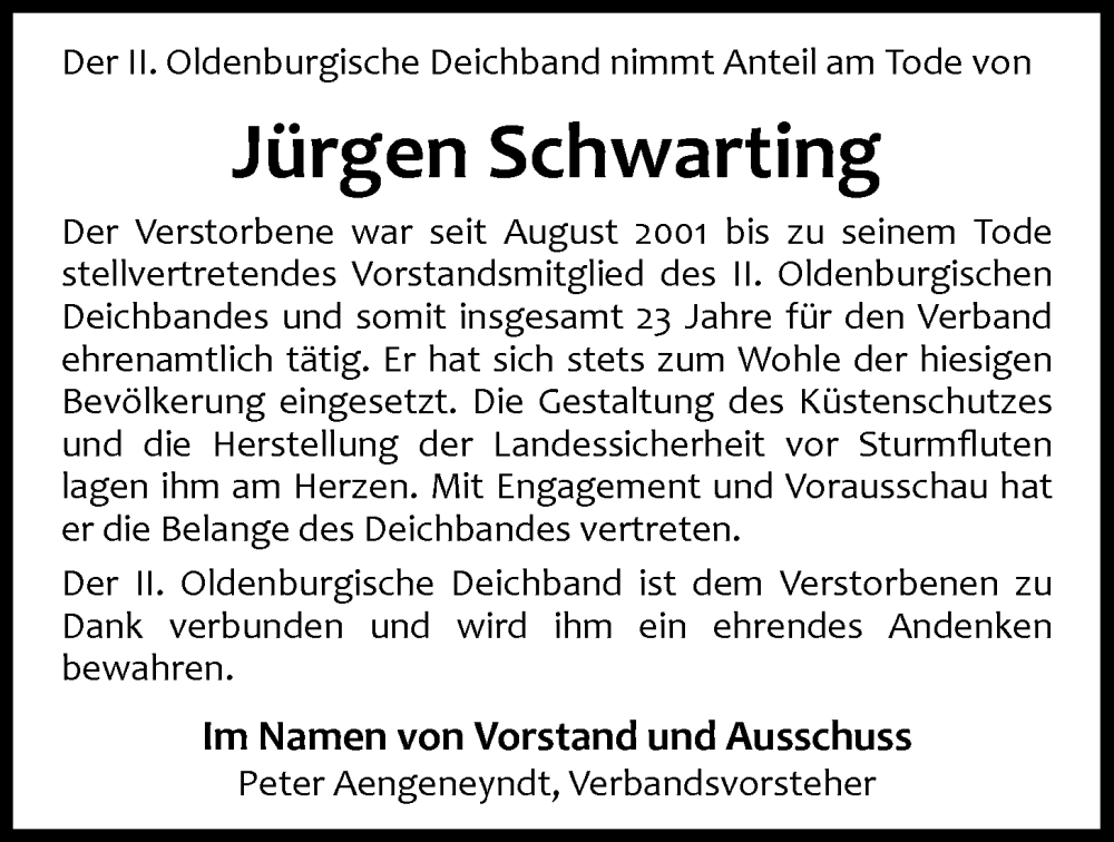  Traueranzeige für Jürgen Schwarting vom 18.09.2024 aus Nordwest-Zeitung