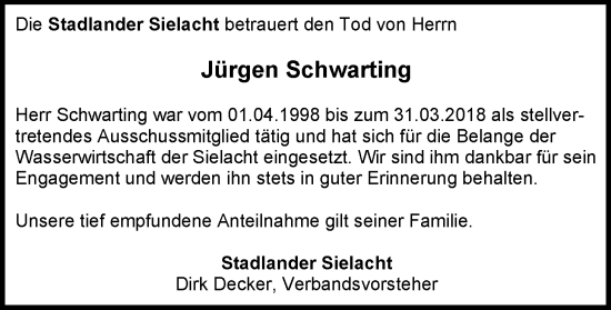 Traueranzeige von Jürgen Schwarting von Nordwest-Zeitung