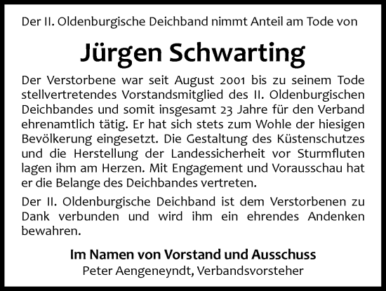 Traueranzeige von Jürgen Schwarting von Nordwest-Zeitung