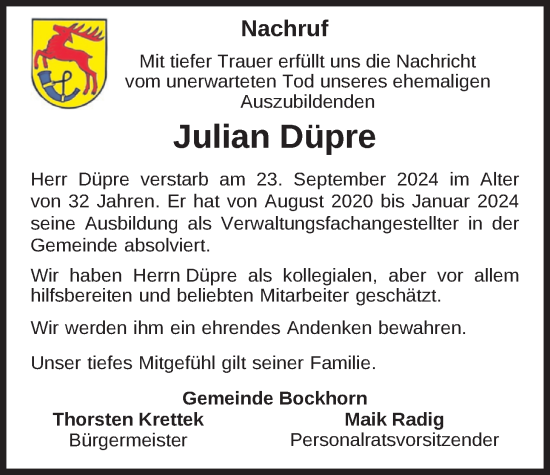 Traueranzeige von Julian Düpre von Nordwest-Zeitung