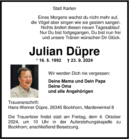 Traueranzeige von Julian Düpre von Nordwest-Zeitung