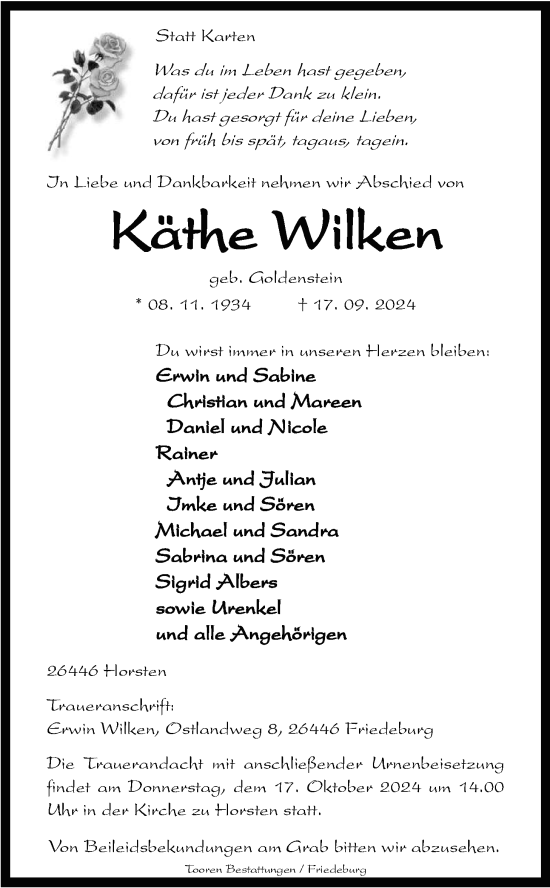 Traueranzeige von Käthe Wilken von WZ/JW/AH