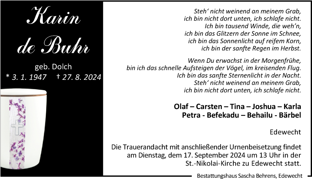  Traueranzeige für Karin de Buhr vom 07.09.2024 aus Nordwest-Zeitung