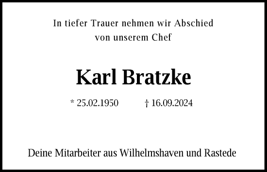 Traueranzeige von Karl Bratzke von WZ/JW/AH