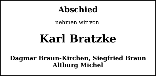 Traueranzeige von Karl Bratzke von WZ/JW/AH