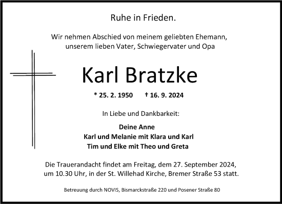 Traueranzeige von Karl Bratzke von WZ/JW/AH