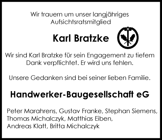 Traueranzeige von Karl Bratzke von WZ/JW/AH