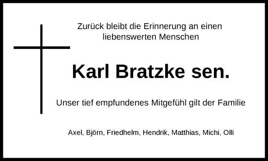 Traueranzeige von Karl Bratzke von WZ/JW/AH