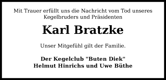 Traueranzeige von Karl Bratzke von WZ/JW/AH