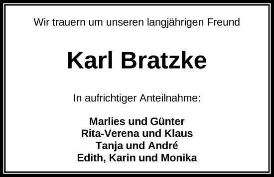 Traueranzeige von Karl Bratzke von WZ/JW/AH