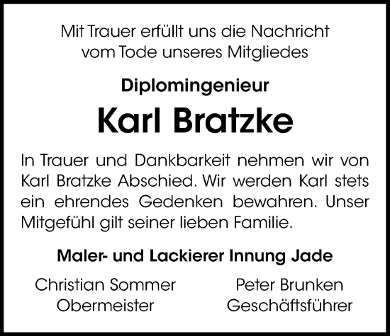 Traueranzeige von Karl Bratzke von WZ/JW/AH