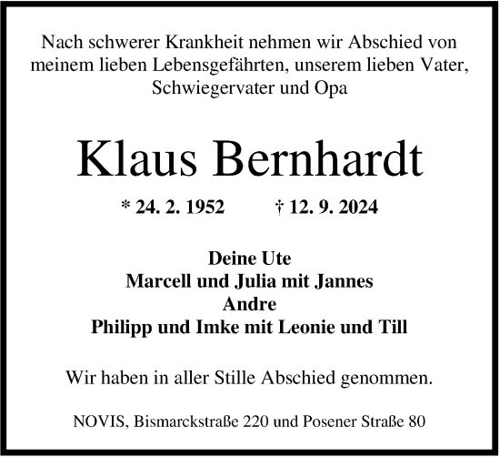 Traueranzeige von Klaus Bernhardt von WZ/JW/AH