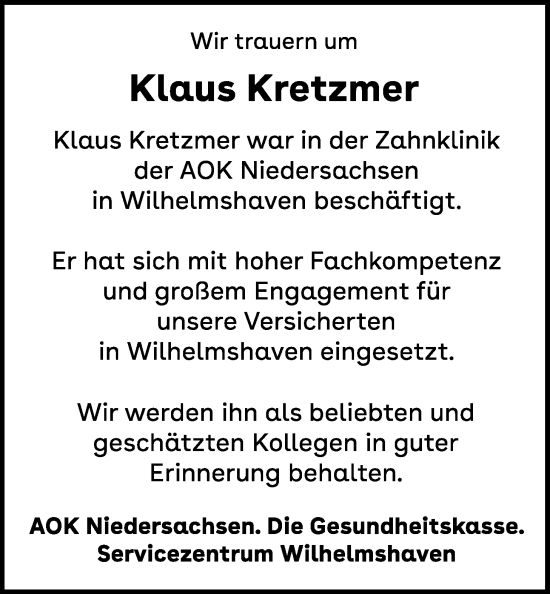 Traueranzeige von Klaus Kretzmer von WZ/JW/AH