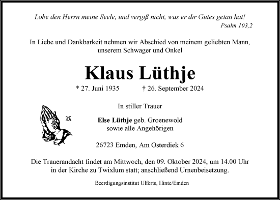 Traueranzeige von Klaus Lüthje von Emder Zeitung