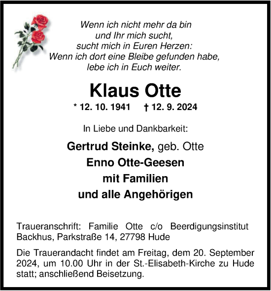 Traueranzeige von Klaus Otte von Nordwest-Zeitung