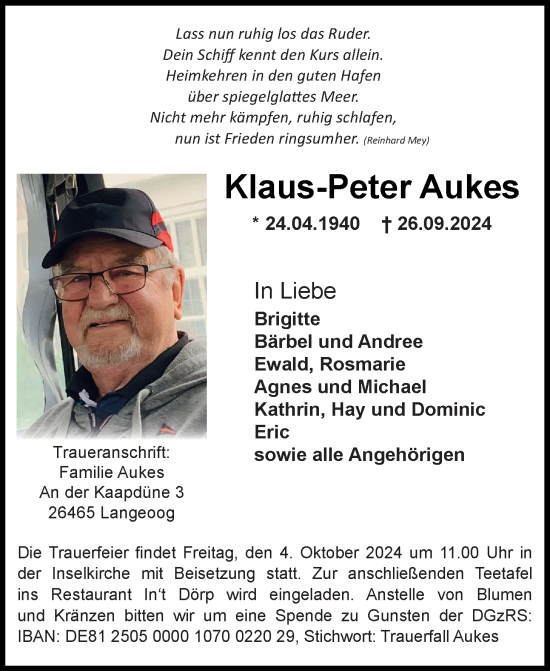 Traueranzeige von Klaus-Peter Aukes von WZ/JW/AH