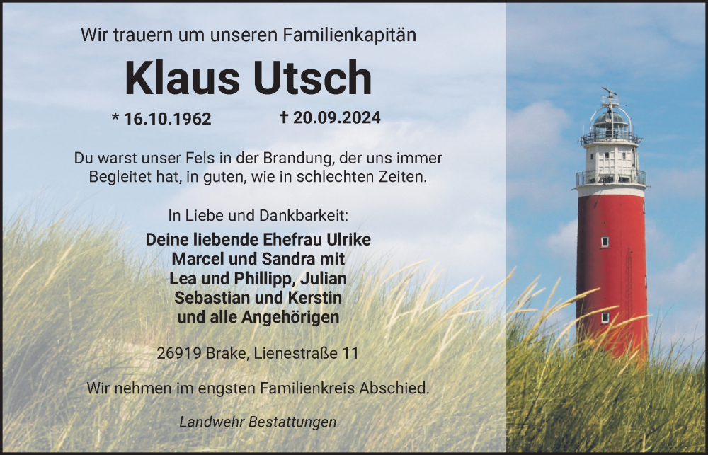  Traueranzeige für Klaus Utsch vom 24.09.2024 aus Nordwest-Zeitung