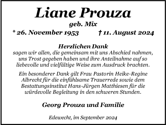 Traueranzeige von Liane Prouza von Nordwest-Zeitung