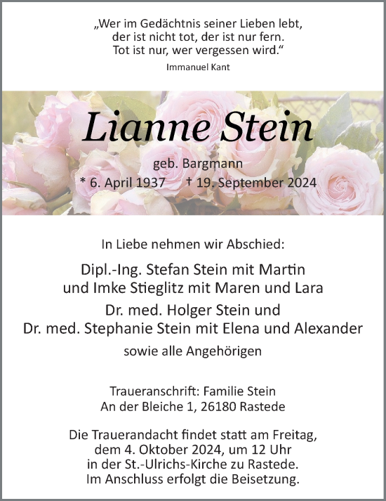 Traueranzeige von Lianne Stein von Nordwest-Zeitung