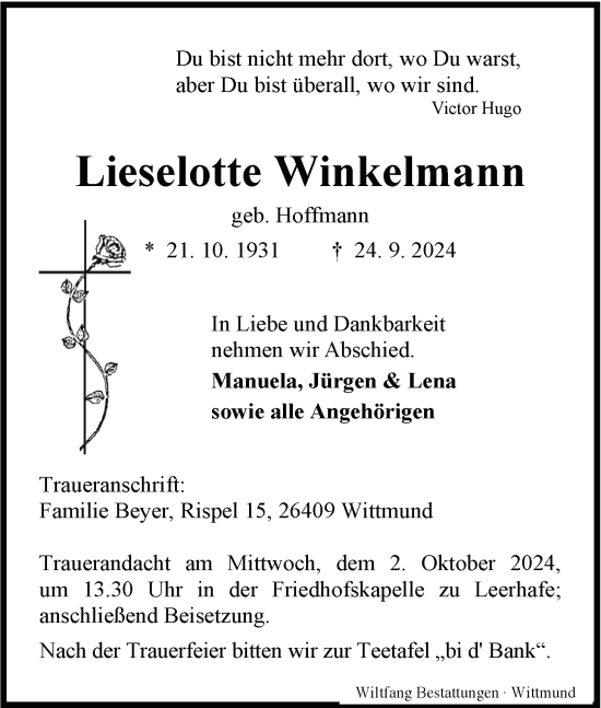 Traueranzeige von Lieselotte Winkelmann von WZ/JW/AH