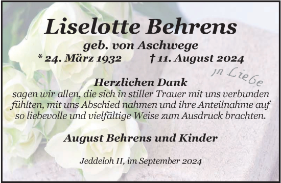 Traueranzeige von Liselotte Behrens von Nordwest-Zeitung