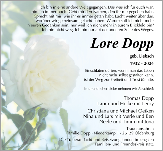 Traueranzeige von Lore Dopp von Nordwest-Zeitung