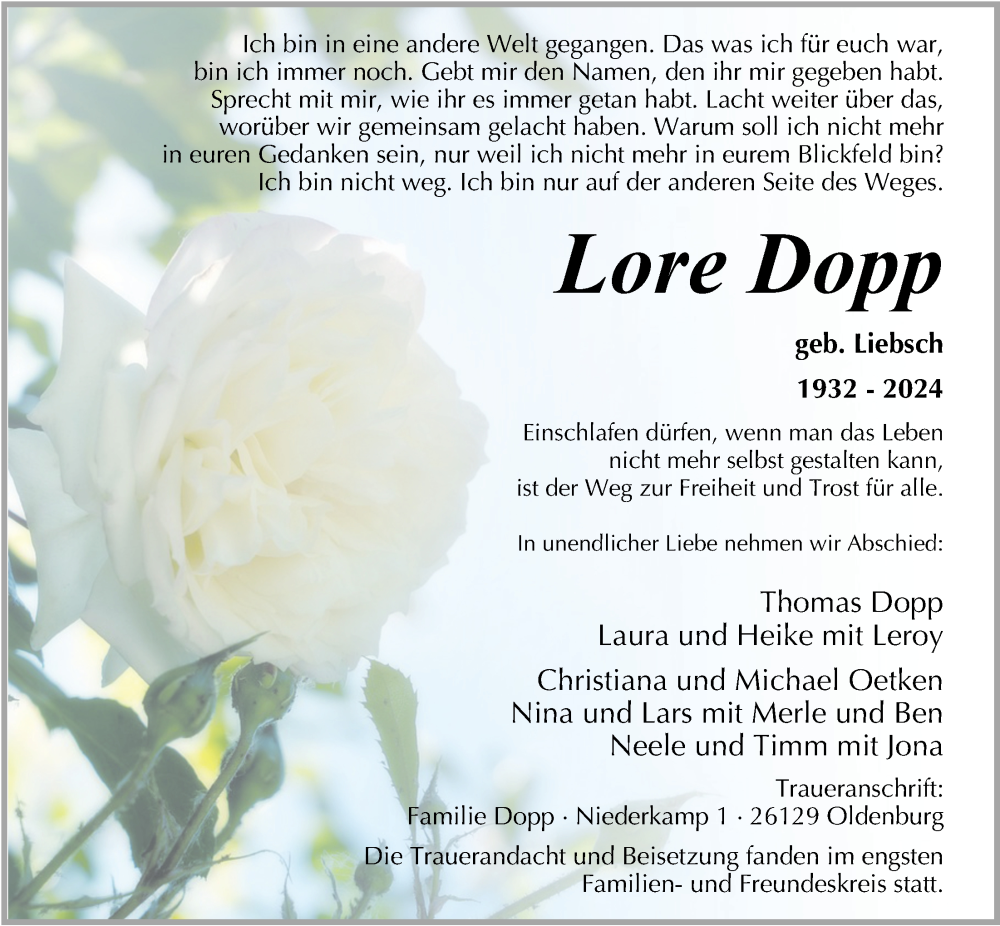  Traueranzeige für Lore Dopp vom 07.09.2024 aus Nordwest-Zeitung