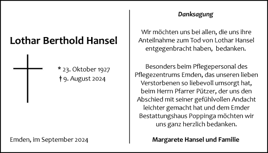 Traueranzeige von Lothar Hansel von Emder Zeitung