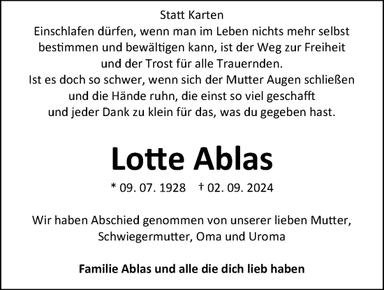 Traueranzeige von Lotte Ablas von Nordwest-Zeitung