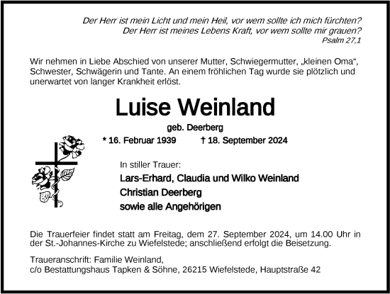 Traueranzeige von Luise Weinland von Nordwest-Zeitung