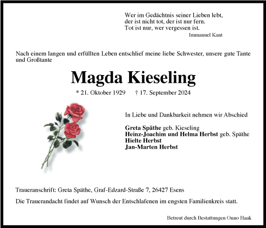 Traueranzeige von Magda Kieseling von WZ/JW/AH