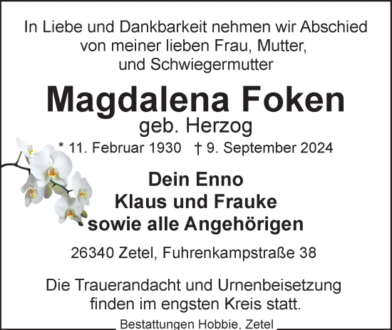 Traueranzeige von Magdalena Foken von Nordwest-Zeitung