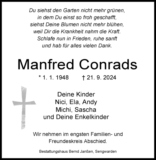 Traueranzeige von Manfred Conrads von WZ/JW/AH