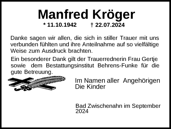 Traueranzeige von Manfred Kröger von Nordwest-Zeitung