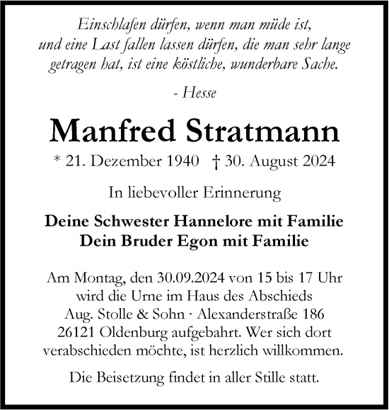 Traueranzeige von Manfred Stratmann von Nordwest-Zeitung