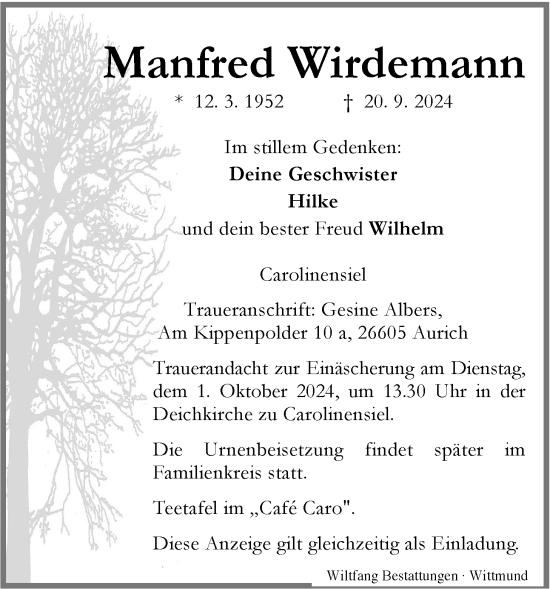 Traueranzeige von Manfred Wirdemann von WZ/JW/AH
